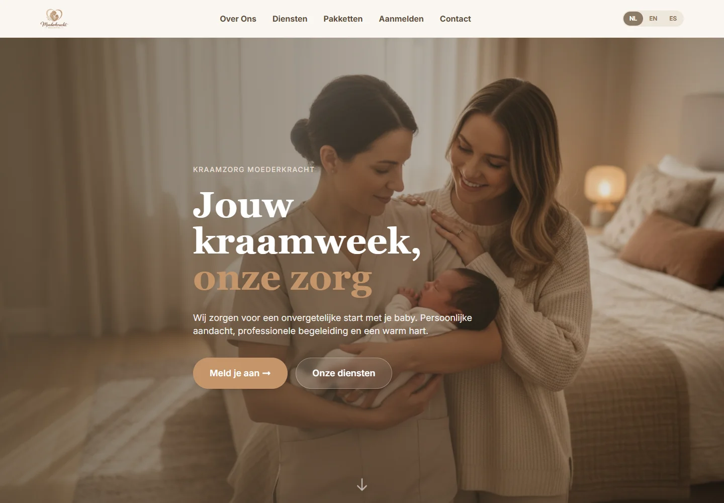 De homepage van Kraamzorg Moederkracht met informatie over kraamzorg en aanmelden