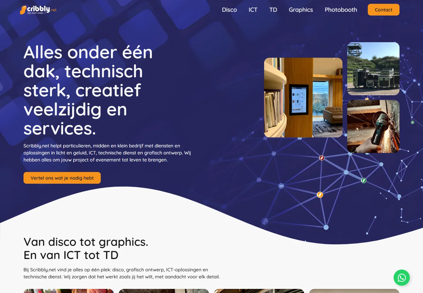 De homepage van Scribbly.net met de technische en creatieve diensten